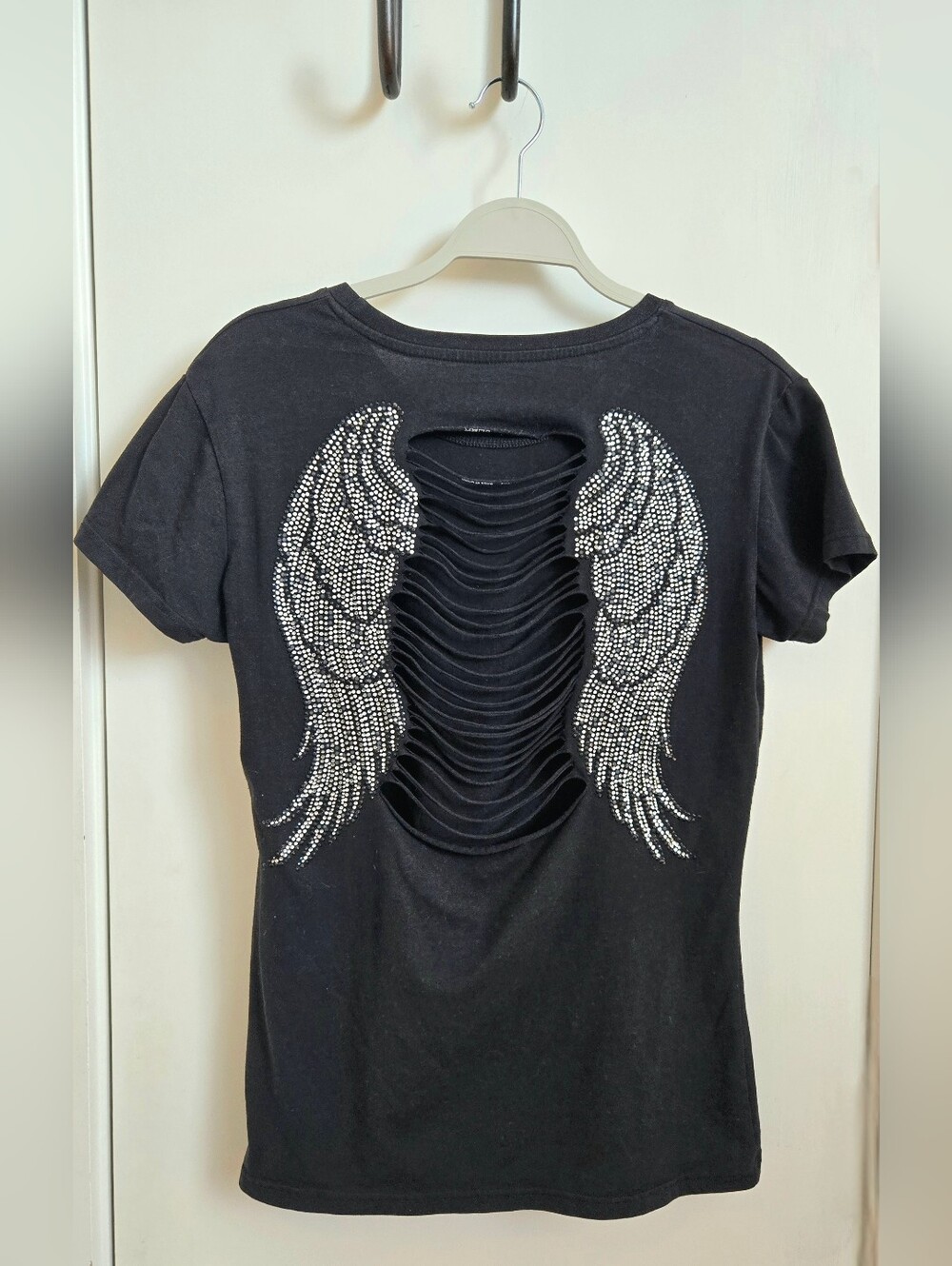Women's Black Rhinestone Angel Wing Cutout Tee